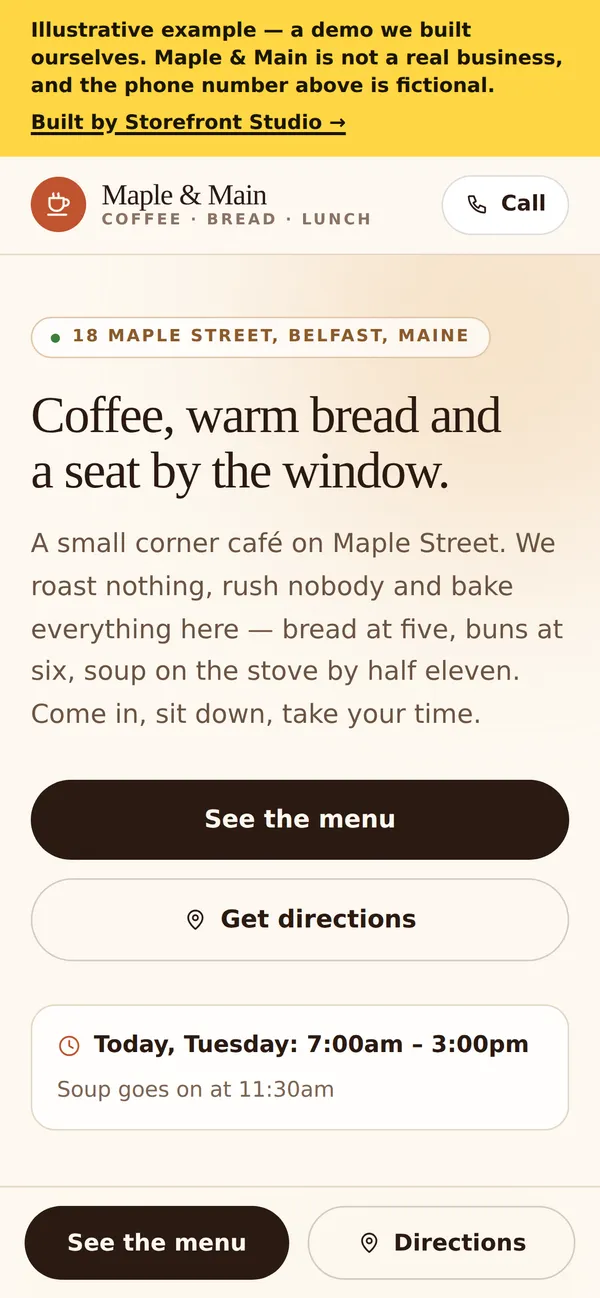 Screenshot of the rebuilt café demo site: a warm cream hero with today's opening hours and a menu link above the fold.