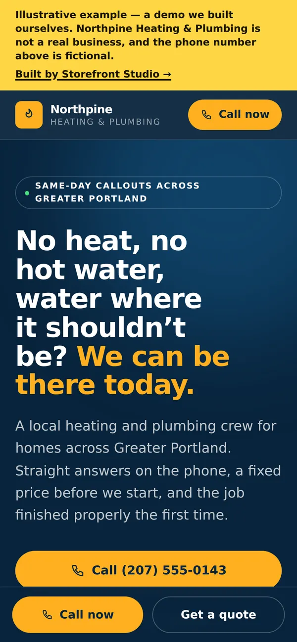 Screenshot of the rebuilt home-services demo site: dark hero with a large tap-to-call button above the fold.